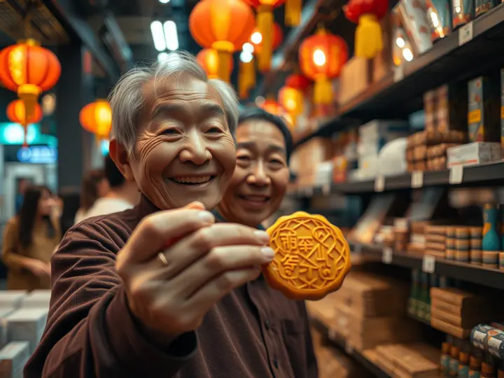 居民在晚会现场品尝月饼，面带笑容