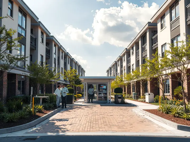 某大型小区入口，绿树环绕，建筑现代