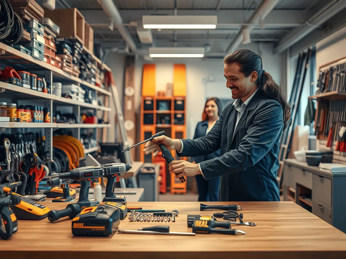 社区服务中心工具租借柜台，工作人员为居民提供工具