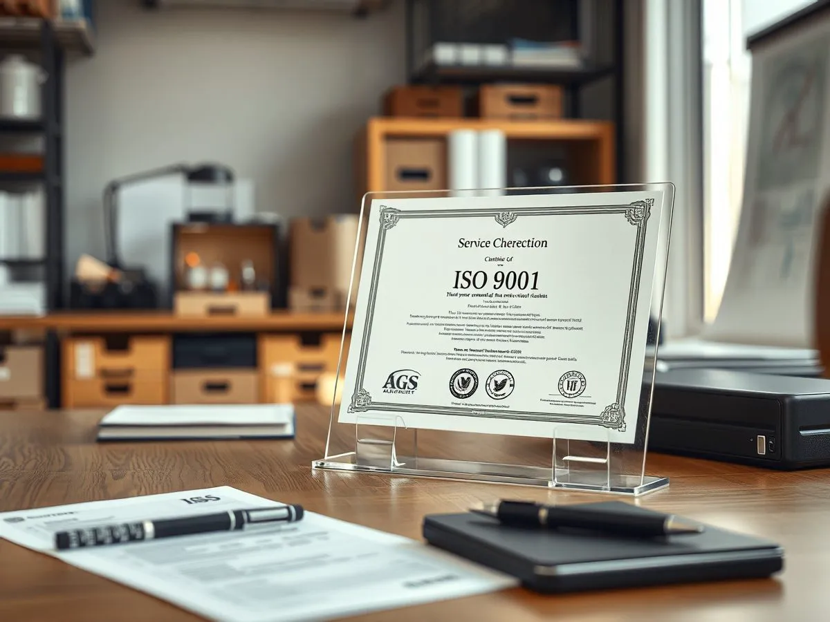 ISO 9001质量管理体系认证证书摆放在办公桌上，旁边有质检记录表